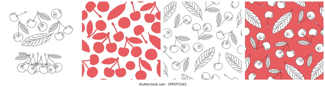 Set of outline and silhouette vector seamless patterns of cherries. Doodle cartoon isolated hand drawn illustration of berries in white, black and red colors