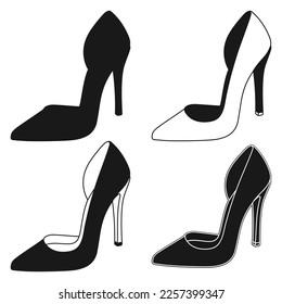 Set of outline silhouette of women shoes with heels, stilettos. Women shoes model. Stylish accessory.