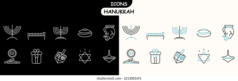 set of outline and simple hanukkah icons. icons for web browser. icons: menorah, coins, whirligig and others.