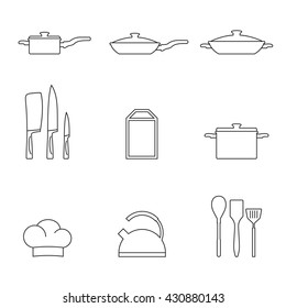 Set of outline, simple icons on a theme kitchen and cooking