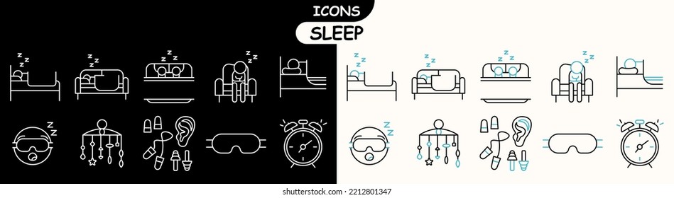 conjunto de iconos de contorno y sueño simple. para el navegador web. iconos: tapones para los oídos, cabeza sobre almohada, cara somnolienta y otros.