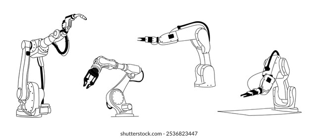 Conjunto de esboço esboço desenhos de tecnologia de automatização moderna, braços robóticos. Suporte de inteligência artificial para o conceito da indústria. Ilustrações desenhadas à mão vetorial isoladas sobre fundo branco.
