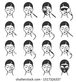 Set of outline Skin Care, Cosmetology of Face, Skin Treatment, Cosmetic Procedures icons. Vector illustration. Can be used as service icons, logos for skin clinic, spa salon and  health concept.