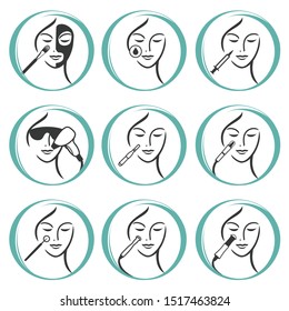 Set of outline Skin Care, Cosmetology of Face, Skin Treatment, Cosmetic Procedures icons. Vector illustration. Can be used as service icons, logos for skin clinic, spa salon and  health concept.