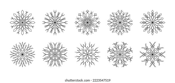 Indique los copos de nieve para el diseño invernal. Copos de nieve de líneas de colección aislados en fondo blanco. Iconos de la línea de copo de nieve ilustración vectorial de invierno. Elemento de diseño para año nuevo, tarjetas de navidad.