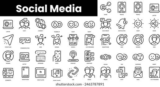 Conjunto de iconos de redes sociales. Conjunto de iconos de Web lineal fino minimalista. Ilustración vectorial.