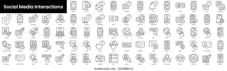Set of outline social media interactions icons. Minimalist thin linear web icon set. vector illustration.