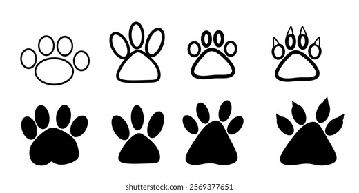 Set of Outline and Solid Animal Paw Print Icons in Various Styles. vector flat design paw print