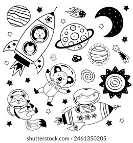 
set of outline space animals. Crocodile, fox, koala, frog, and squirrel in space