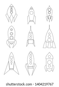 Set of outline spacecraft icons. Linear drawing of shuttles. Different types of rocket. Vector starships for logos and your design.
