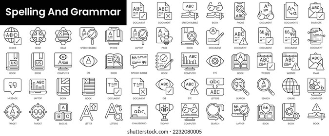 Set of outline spelling and grammar icons. Minimalist thin linear web icon set. vector illustration.