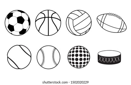 Set of outline sport balls. Soccer, basketball, volleyball, football, tennis, baseball, golf and hockey equipment