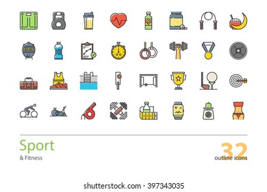 Set of outline Sport and Fitness colorful icons.