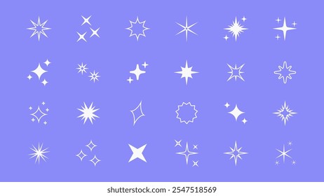 Set von Umrissstern funkeln Formen mit Neonglühen. Abstrakter Glanz, Vektorsymbole im Retro-Futuristischen Stil. Twinkling Sterne, Blitze und Bursts für kreative Designelemente