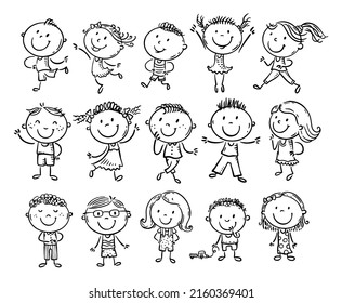 Set of outline stick figure, happy kids clipart illustration