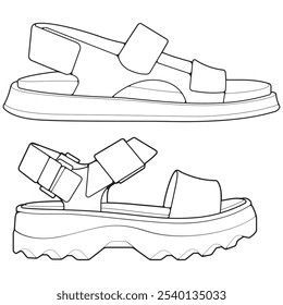 Conjunto de sandalias de tira de contorno. sandalias de tira Vector de dibujo de contorno, sandalias de tira dibujadas en un estilo de boceto, sandalias de tira Contorno de Plantilla de las zapatillas de deporte.
