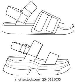 Conjunto de sandalias de tira de contorno. sandalias de tira Vector de dibujo de contorno, sandalias de tira dibujadas en un estilo de boceto, sandalias de tira Contorno de Plantilla de las zapatillas de deporte.
