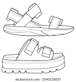 Conjunto de sandalias de tira de contorno. sandalias de tira Vector de dibujo de contorno, sandalias de tira dibujadas en un estilo de boceto, sandalias de tira Contorno de Plantilla de las zapatillas de deporte.
