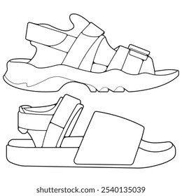 Conjunto de sandalias de tira de contorno. sandalias de tira Vector de dibujo de contorno, sandalias de tira dibujadas en un estilo de boceto, sandalias de tira Contorno de Plantilla de las zapatillas de deporte.
