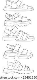 Conjunto de sandalias de tira de contorno. sandalias de tira Vector de dibujo de contorno, sandalias de tira dibujadas en un estilo de boceto, sandalias de tira Contorno de Plantilla de las zapatillas de deporte.
