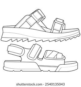 Conjunto de sandalias de tira de contorno. sandalias de tira Vector de dibujo de contorno, sandalias de tira dibujadas en un estilo de boceto, sandalias de tira Contorno de Plantilla de las zapatillas de deporte.
