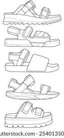 Conjunto de sandalias de tira de contorno. sandalias de tira Vector de dibujo de contorno, sandalias de tira dibujadas en un estilo de boceto, sandalias de tira Contorno de Plantilla de las zapatillas de deporte.
