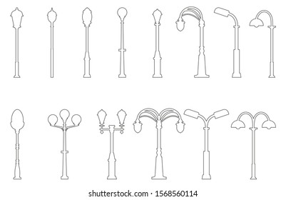 Set of outline street light silhouettes isolated on white background. Vintage street lights. Elements for landscape construction. Vector illustration for any design.