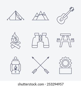 Set of Outline stroke Camping icons on white background. Vector illustration