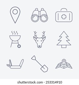 Set of Outline stroke Camping icons on white background. Vector illustration