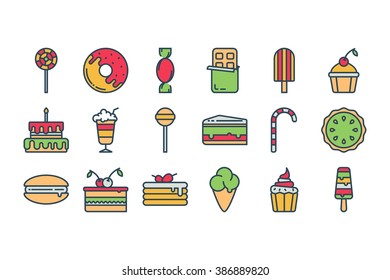 Set of outline stroke Dessert and Sweet colourful icon