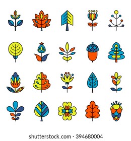 Set of outline stroke icons with tress, leaves and flowers. Vector illustration for your cute design. It can be used as - logo, pictogram, icon, infographic element.
