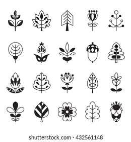 Set of outline stroke icons with tress, leaves and flowers. Vector illustration for your cute design. It can be used as - logo, pictogram, icon, infographic element.