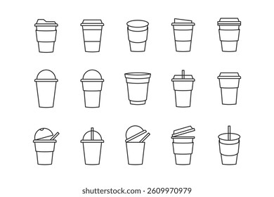 Set of outline style coffee paper cups. minimal line icon collection for coffee shop branding and menu design