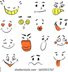 297 Set Of Funny Cartoon Faces. Caricature Comic Emotions. Doodle Style ...