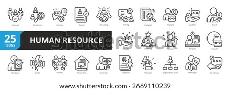 Set of Outline Style Human Resource icon. A collection of icons suitable for web and mobile application. Including Teamwork, Recruitment, Interview, Resume, Onboarding, Training, Evaluation, and more.