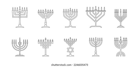 Set outline style Jewish big menorah candelabrum vector illustration