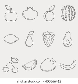 Set of outline summer fruit icons. Banana, watermelon, cherry, pear, pomegranate, strawberry, apple, plum, lemon, avocado, coconut. Thin line design for web and mobile. Vector flat design.