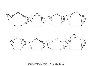 Set of outline teapots, isolated on white background