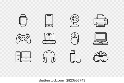 Set of outline technology icons including smartwatch, smartphone, webcam, printer, gaming controller, router, computer mouse, laptop, desktop computer, headphones, usb drive, and vr headset