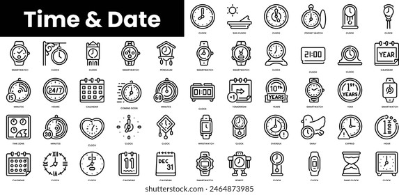Gruppe von Gliederungszeit- und Datumssymbolen. Minimalistisches dünnes lineares Web-Icon-Set. Vektorillustration.