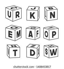 Set of outline toy bricks with letters, vector illustration for coloring book. Single vector cubes isolated on white background.