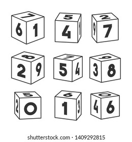 Set of outline toy bricks with numbers, vector illustration for coloring book. Single vector cubes isolated on white background.