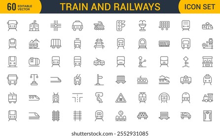 Conjunto de conjunto de iconos de trenes y ferrocarriles de esquema. intercity, internacional, trenes de carga, iconos lineales. Colección de icono de esquema.
