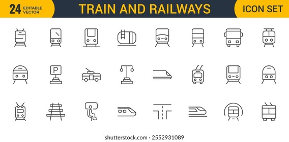 Conjunto de conjunto de iconos de trenes y ferrocarriles de esquema. intercity, internacional, trenes de carga, iconos lineales. Colección de icono de esquema.
