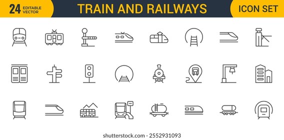 Conjunto de conjunto de iconos de trenes y ferrocarriles de esquema. intercity, internacional, trenes de carga, iconos lineales. Colección de icono de esquema.
