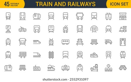 Conjunto de conjunto de iconos de trenes y ferrocarriles de esquema. intercity, internacional, trenes de carga, iconos lineales. Colección de icono de esquema.
