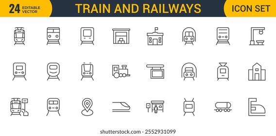 Conjunto de conjunto de iconos de trenes y ferrocarriles de esquema. intercity, internacional, trenes de carga, iconos lineales. Colección de icono de esquema.
