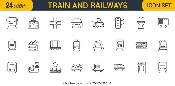 Conjunto de conjunto de iconos de trenes y ferrocarriles de esquema. intercity, internacional, trenes de carga, iconos lineales. Colección de icono de esquema.
