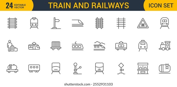 Conjunto de conjunto de iconos de trenes y ferrocarriles de esquema. intercity, internacional, trenes de carga, iconos lineales. Colección de icono de esquema.
