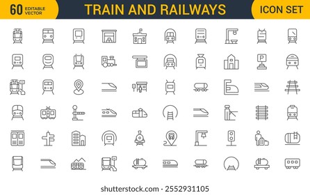 Conjunto de conjunto de iconos de trenes y ferrocarriles de esquema. intercity, internacional, trenes de carga, iconos lineales. Colección de icono de esquema.
